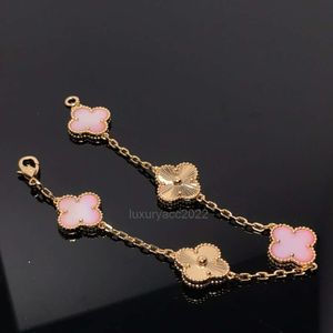 Vanly Cleefly Armband Bangle Golden Five Flowers Lucky Four Leaf Grass Pink Shell Laser Armband Girl Luxury Little Friends Gift To Girl Friend