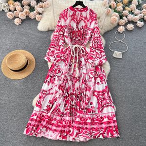 2024 Casual Dresses Spring Summer Runway Blue and White Porcelain Dress Women's Lapel Long Lantern Sleeve Belt Lace Up Ruffles Mini Vestidos