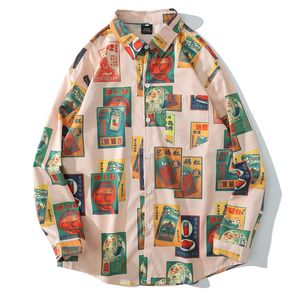 Hawaiian Beach Shirts Harajuku Vintage Poster Print Long Sleeve Aloha Party Holiday Shirt Mens Casual Button Down Tops