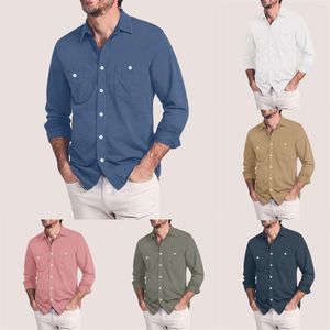 T-shirt da uomo Camicetta a maniche lunghe con bottoni sul colletto rovesciato Camicia a doppia tasca tinta unita autunno casual maschile