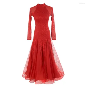Stage Wear High Collar Ballroom Konkurs taneczny sukienki Kobiety z długim rękawem flamenco spódnica elegancka koronkowa sukienka standardowa