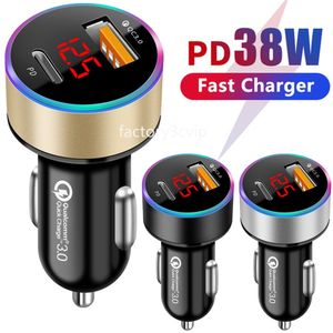 Fast Quick Charging Dual Ports Type c USB C Car Charger 38W PD 20W Metal Auto Power Adapter Chargers For Iphone 14 15 pro Max Samsung S23 S24 Htc Gps F1