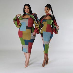 2023 Europa und Amerika Cross Border New Fashion Stitch -Druckfarbe Kontrast Langarm Plus Size Kleid