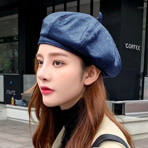 BERETS HT3405 Spring Autumn Hat Women Basker Vintage Pu Leather Artist Painter Octonal Lady Solid Black Grey Beige