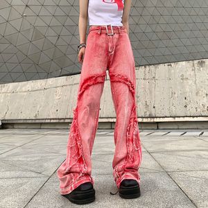 Damen Jeans American Style Vintage Washed Raw Edge Mode Hohe Taille Freizeithose Wide Leg Jeans Damen Y2k Streetwear Baggy Pink Pants 230412