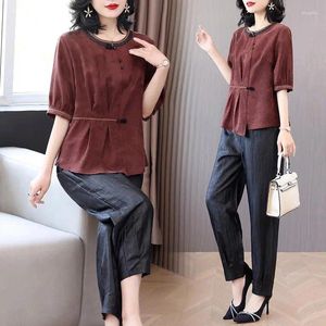 Kvinnors tvåbitar byxor 2023 Summer Suits Mothers 'Clothing Set Silk Short Sleeved Shirt Slim-Fit Byxor Casual Elegant Outfits Z1896