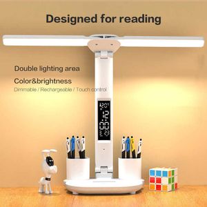 Schreibtischlampen LED-Doppelkopf-Schreibtischlampe USB-Aufladung Touch-Dimmung Klapp-LCD-Display Nachtlicht mit Stifthalter für Schlafzimmer-Leselampe P230412