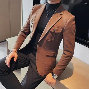 Herrenanzüge für Herren, warm, für den Winter, Wollstoff, Anzugjacken/männlich, Slim-Fit, hochwertige Business-Blazer/Smoking mit Taschendekoration für Herren