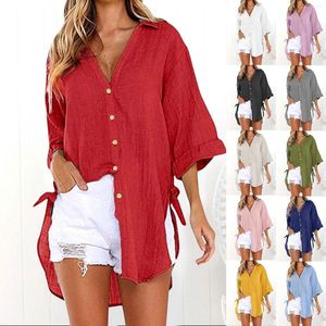 Women's Blouses Women's European And American Tie Up V Neck Loose Slit Style Retro Baggy Chemise Femme Blusas