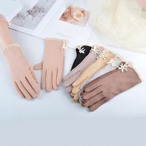 Five Fingers Gloves Women Summer Autumn Driving Hand Sun Protection Lace Cotton Bow Short Mittens Anti-slip Thin Black Elastic Dance