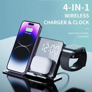 2023new 4 في 1 شاحن لاسلكي لـ iPhone 14 13 12 Pro Apple Watch S8 7 15W Fast Charging Dock Station سطح مكتب LED على مدار الساعة الرقمية على مدار الساعة