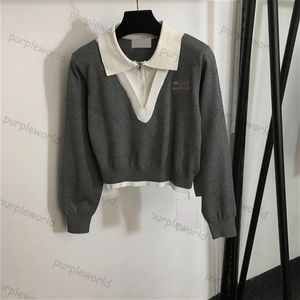 Malhas femininas letras bordadas falsas duas cores combinando design lapela manga comprida suéter agulha pulôver moda top