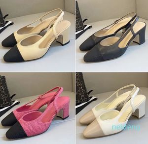 Top Quality Classic Leather Flats Gatinho Saltos Slingback Sandálias Bombas Chunky Bloco Saltos Vestido Sapatos Mulheres Designers de Luxo Sandálias Mulheres Casamento Com Bo