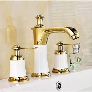 Bathroom Sink Faucets White And Gold Faucet Spread Cold& Basin Bras 2 Handles Mixer Tap 3pcs Deck Mounted