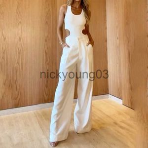 Women's Two Piece Pants Fashion Solid Women Two Piece Set Sexy Hollow Out Sleeveless Cropped Tops Loose Pants Matching Set Summer Lady Casual Streetwear J231113