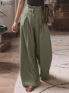 Women's Pants Capris ZANZEA Fashion Women High Waist Solid Wide Leg Trousers Spring Pleated Long Pantalon Casual Palazzo Elegant Loose Pants Oversize 230413