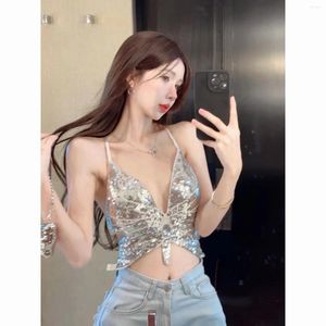 Women's Tanks Suspended Tank Top Women Tops Light Luxury High Grade Sexy Camisole Spicy Girl Outerwear Slim Fit Bow Tie Sequin Short Crop