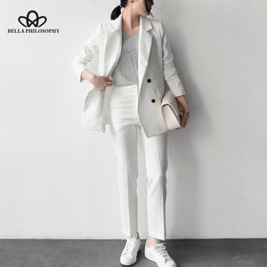 Kvinnors kostymer Blazers filosofi 2023 Autumn Stripe Double Breasted Blazer Suit Office Lady Elegant Four Colors Pants Two Piece Set