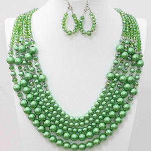 Комплект ожерелья и серег, зеленые счеты, стеклянные круглые бусины с имитацией жемчуга, 5 рядов, ювелирные изделия для женщин, свадебный подарок B983-9