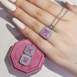 Conjunto de joias com diamante rosa artesanal, 925 prata esterlina, brincos para festa de casamento, colar para mulheres, joias de promessa de noiva