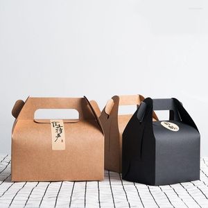 Present Wrap 10st Kraft Paper Baking Dessert Box Nougat Biscuit Candy Cake Packaging Portable Handle Black Fin Packing Boxes