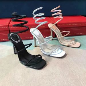 Strass-Schlange Strass-Stiletto-Sandalen Rene Caovilla Cleo 95 mm Abendschuhe Damen-High Heels Ankle Wraparound-Luxus-Designer-Fabrik-Sandale mit hohen Absätzen 35-43