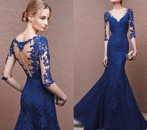 Royal Blue Mermaid Long Evening Dress Women's V-neck Half Illusion Sleeves Tulle Lace Appliques Prom Formal Party Birthday Gowns Robe De Soiree