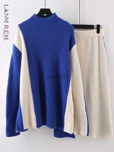 Women's Sweaters LANMREM 2 Pieces Knitted Set For Women 2023 Winter New High Collar Contrast Color Long Sleeves Sweater Top With Skirt 2DA2453 YQ231113