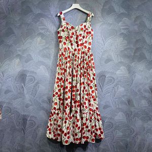 Designer Dress Cherry Printed Cotton Large Waist Sweetheart Beach Style Long Dress 2023 New Line