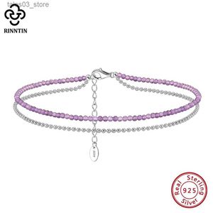 Fußkettchen Rinntin 925 Sterling Silber geschichtete Kugelkette Amethyst Fußkettchen für Frauen Mode Knöchelkette Armband Barfußschmuck SA45 Q231113