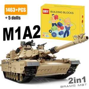 Diecast Model 2in1 WW2 Military M1A2 Abrams Army Tank Cannon Chariot Set Soldier Figures DIY Building Blocks Toys Kids Christmas Gift MOC 231110