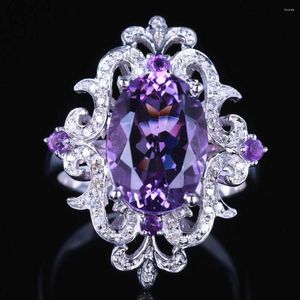 Cluster Rings HELON 925 Sterling Silver Oval 4.54ct Genuine Natural Amethyst Diamonds Ring Engagement Women Special Flowers Fine Jewelry