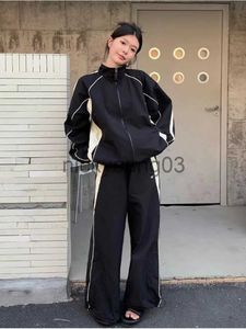 Dwuczęściowe spodnie kobiet Houzhou Vintage Y2K Black Joggers Dresspants Women Retro Streetwear Hip Hop Tracksuit Gorentse Kurtki zamek błyskawiczne