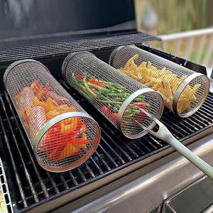 Baking Pans Barbecue bbq Griling Basket Accessories Tools Stainless Steel Round Shape Roaster Drum Oven Mesh bbq Campfire Grill Grid With Fork D23-82