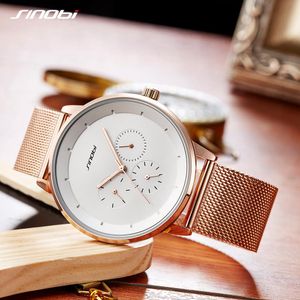 2023 Rose Gold Men Watch SINOBI Top Brand Luxury Milan Mesh Band Fashion Casual Date Calendar Quartz Clock Business Watchs Mens Gift