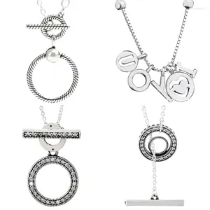 Teryaklar Orijinal 925 STERLING Gümüş Pave Circle Logo Kalp O Çift Hoop T-Bar Boncuk Charm DIY Takı için Kolye Seviyorum