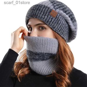 Cappelli Sciarpe Set Berretti invernali Snood Set Cappello lavorato a maglia bicolore Donna Casual Passamontagna all'aperto Addensare Morbida sciarpa di pelliccia calda C Cappelli per le donneL231113