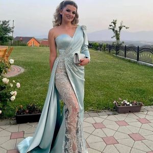 Sage Green Arabic Aso Ebi Luxurious Lace Beaded Prom Dresses One Shoulder Evening Formal Party Second Reception Gowns Dress