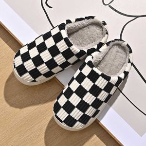 Slippers Shoes For Women Winter Home Slippers Checkered Faux Fur TPR Light Sole White Black Chessboard Plaid Shoes Best Gift Woman Shoes Y23