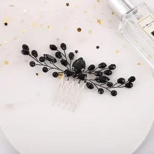 Saç klipsleri siyah asma düğün bant obsidiyen kristal tarak aksesuarı kadın resmi balo parti takı 2023