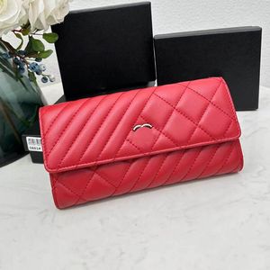 Portafoglio da donna Twin Fold con patta Portafoglio classico di lusso trapuntato Borsa multitasche da sera Pochette Portamonete in pelle di agnello Porta carte con reticolo di diamanti Sacoche 19C