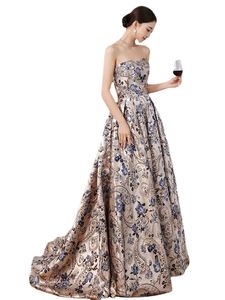 Luxury Printed Satin Evening Dresses With Train Strapless Long Women Formal Gowns Long Celebrirty Dresses For Red Carpet RU151