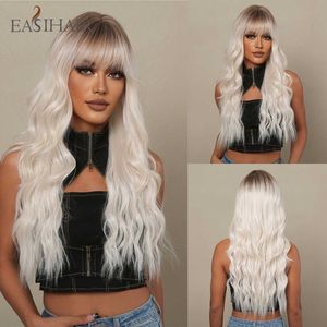 Синтетические парики Easihair Platinum Blonde Ombre Long Wavy Synthetic Wigs для женщин Futura Natural Hair с челком косплея парик теплостой устойчивый 230227