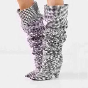 genuine Plus Genuine leather Patent Leather Women Over The Knee Boots Pointed Toe Ladies rhinestones High Heel Boots silver with box Size 35-41