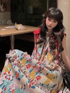 Sıradan elbiseler vintage resim gevşek elbise kadınlar çiçek tatlı yaz panelli şık şık nazik edebi prenses estetik eğlence