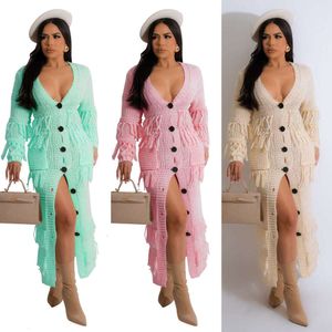 Fall Fashion Knitted Dress Ribbed Sweater Coat Sexy Deep V-neck Single Breasted Long Sleeve V-neck Cardigan Midi Maxi Dresses For Woman