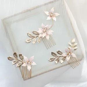 Hair Clips Delicate Pink Enamel Flowers Bridal Combs Handmade Gold Color Leaf Women Wedding Headpiece Opal Crystal Earring Jewelry