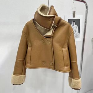 Women's Leather 2023 Short Real Shearling Coat Genuine Lambskin Warm Wool Winter Double Face Jacket