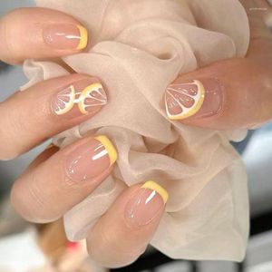 Fałszywe paznokcie 24pcs Odłączany manicure prasa na fałszywych nials francuski krótka kwadratowa żółta cytryna