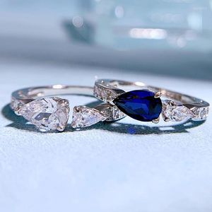 Cluster Rings 2023 S925 Silver Imitation Sapphire 5 8 Pear-shaped Blue Diamond Ring In Europe And America